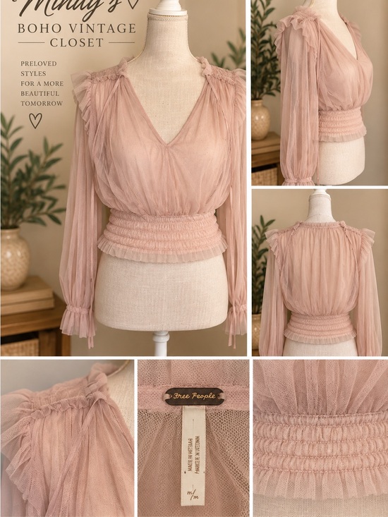 Free People Tops - Free People Dusty Blush Sheer Ruffle V-Neck Blouse